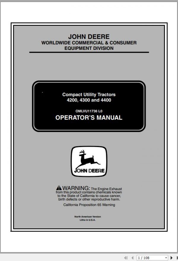 John Deere Compact Utility Tractors 4200 4300 4400 Operators Manual OMLVU11736 L0 2001 1