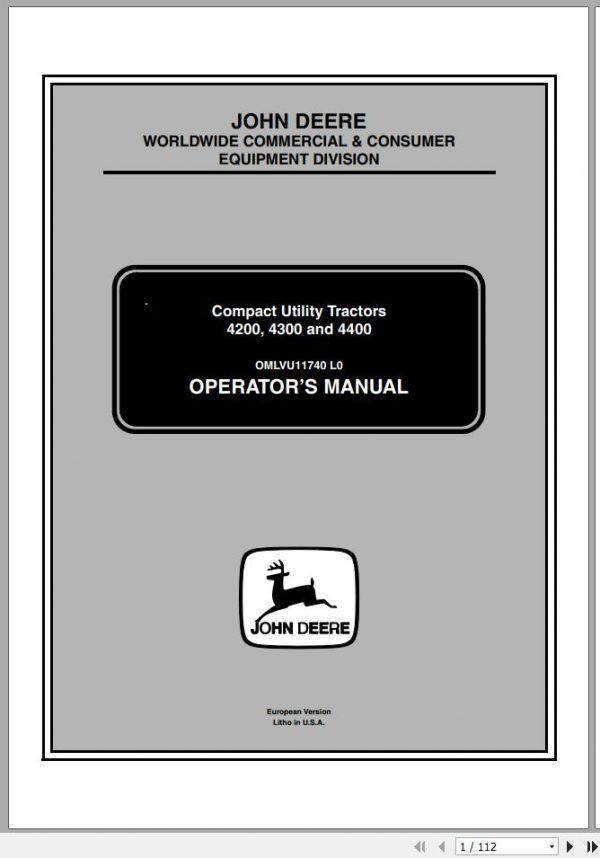 John Deere Compact Utility Tractors 4200 4300 4400 Operators Manual OMLVU11740 L0 2001 1