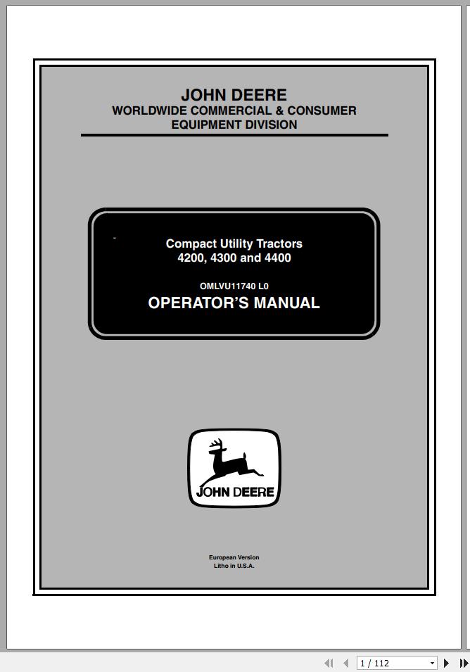John Deere Compact Utility Tractors 4200 4300 4400 Operators Manual OMLVU11740 L0 2001 1