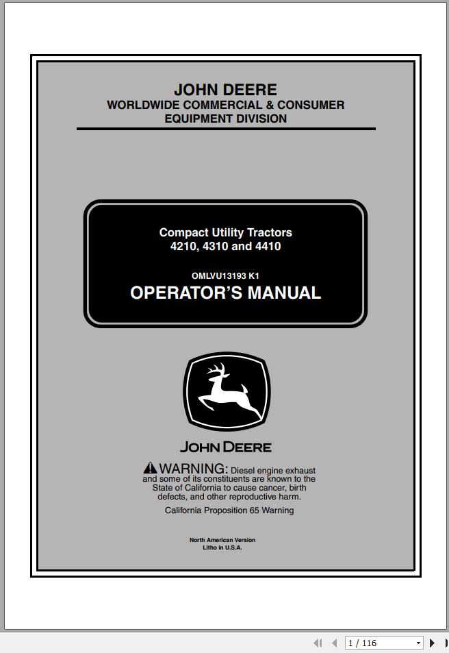 John Deere Compact Utility Tractors 4210 4310 4410 Operators Manual OMLVU13193 K1 2001 1