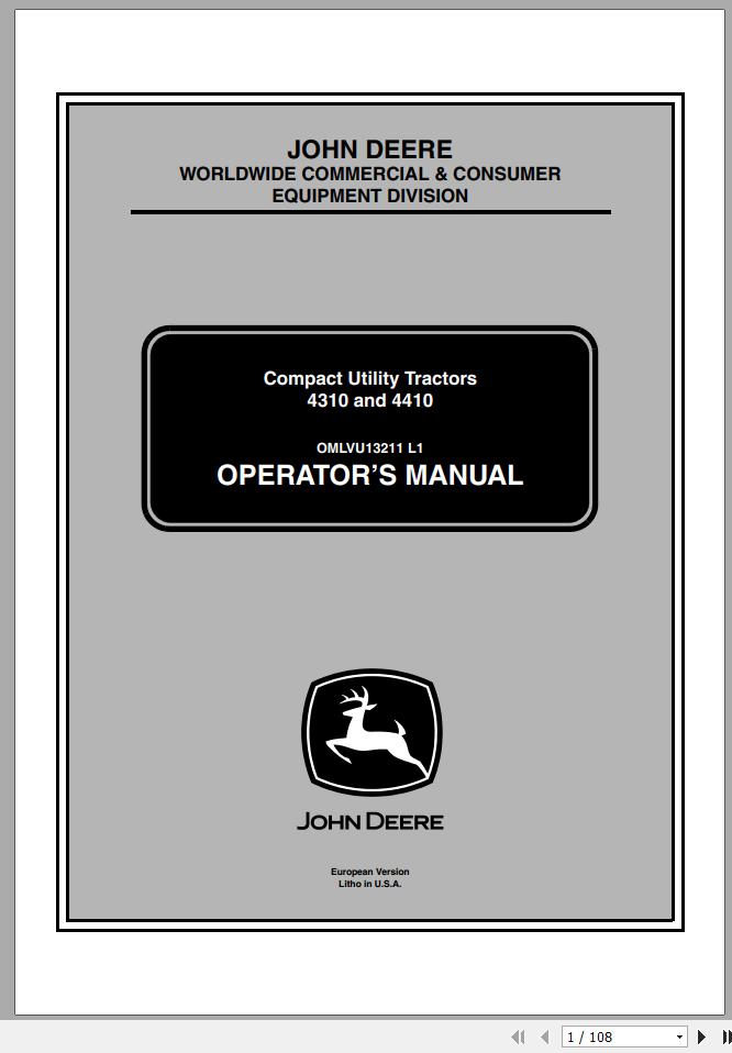 John Deere Compact Utility Tractors 4310 4410 Operators Manual OMLVU13211 L1 2002 1