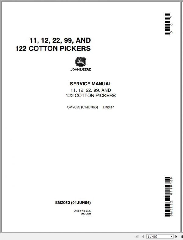 John Deere Cotton Pickers 11 12 22 99 122 Service Manual SM2052 1