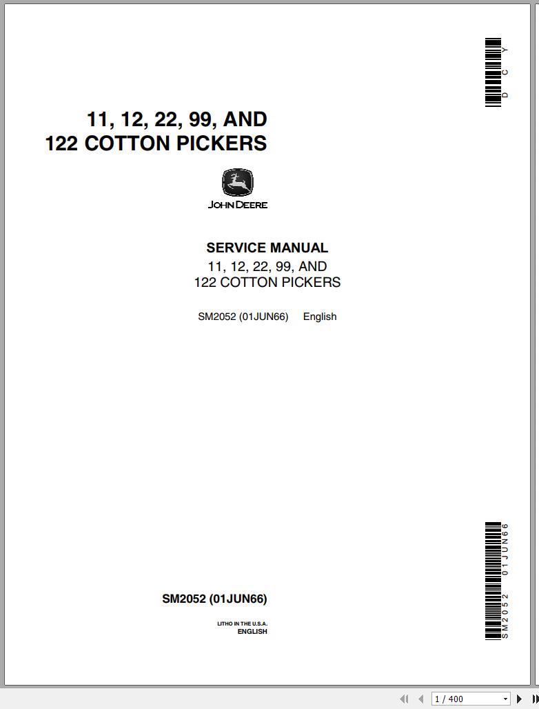 John Deere Cotton Pickers 11 12 22 99 122 Service Manual SM2052 1