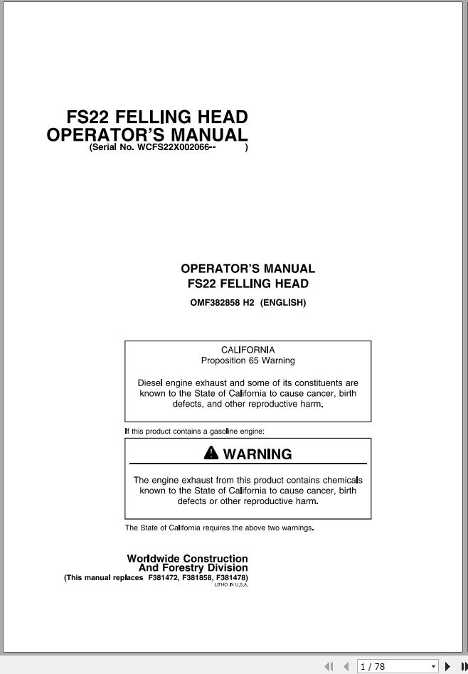 John Deere Felling Head FS22 WCFS22X002066 Operators Manual OMF382858 H2 1