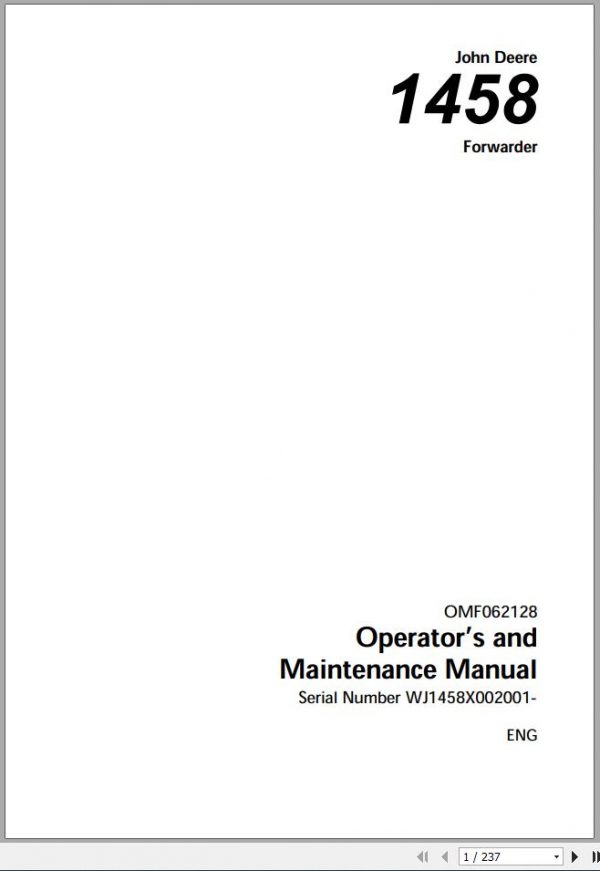 John Deere Forwarder 1458 WJ1458X002001 Operators Manual OMF062128 2001 1