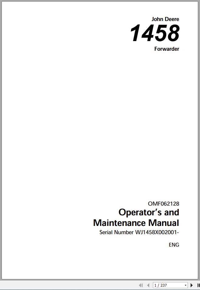 John Deere Forwarder 1458 WJ1458X002001 Operators Manual OMF062128 2001 1