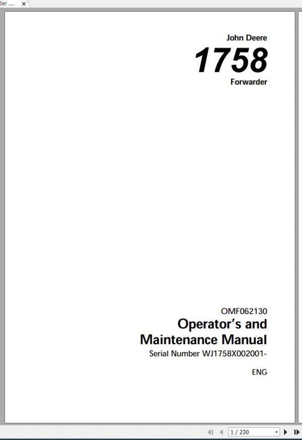 John Deere Forwarder 1758 WJ1758X002001 Operators and Maintenance Manual OMF062130 2001 1