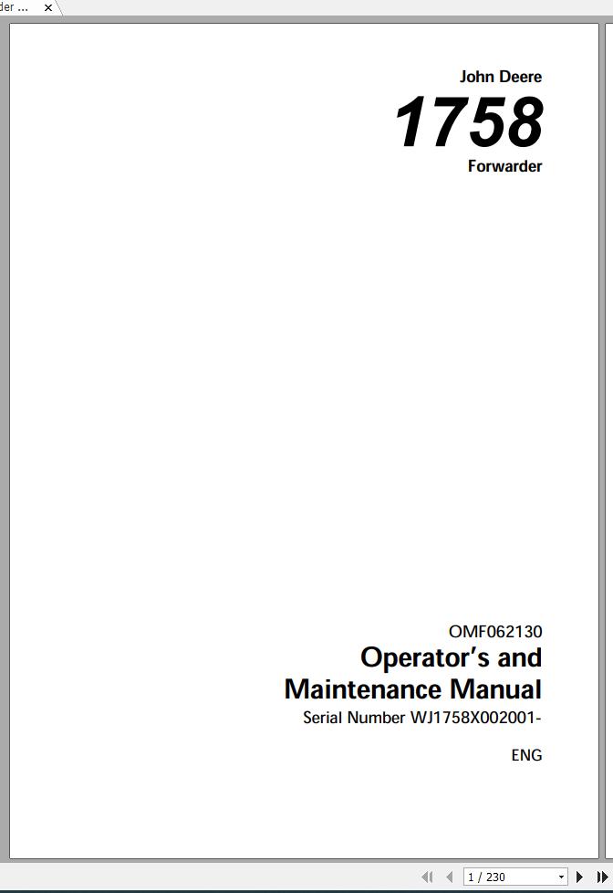 John Deere Forwarder 1758 WJ1758X002001 Operators and Maintenance Manual OMF062130 2001 1