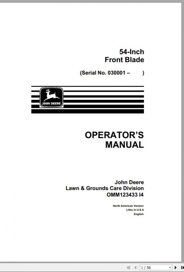 John Deere Front Blade 54 Inch SN 030001 Operators Manual OMM123433 I4 1