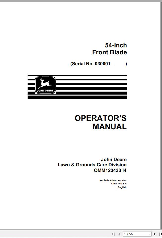 John Deere Front Blade 54 Inch SN 030001 Operators Manual OMM123433 I4 1