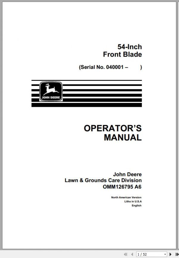 John Deere Front Blade 54 Inch SN 040001 Operators Manual OMM126795 A6 1