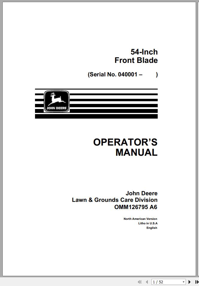 John Deere Front Blade 54 Inch SN 040001 Operators Manual OMM126795 A6 1