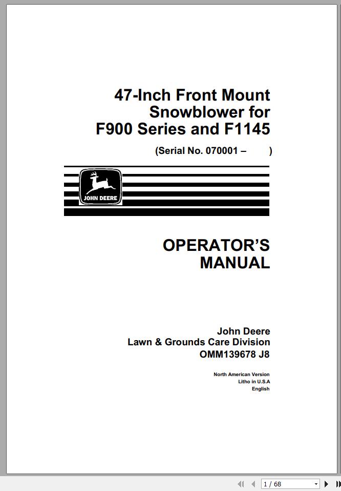 John Deere Front Mount Snowblower 47 Inch F900 F1145 SN 070001 Operators Manual OMM139678 J8 1