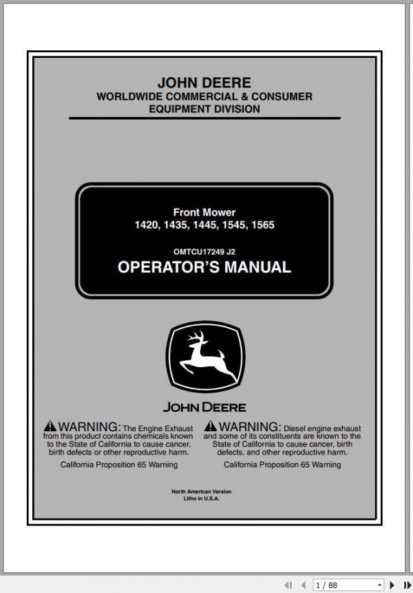John Deere Front Mower 1420 1435 1445 1545 1565 Operators Manual OMTCU17249 J2 2002 1