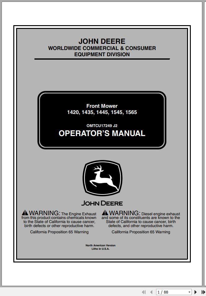John Deere Front Mower 1420 1435 1445 1545 1565 Operators Manual OMTCU17249 J2 2002 1