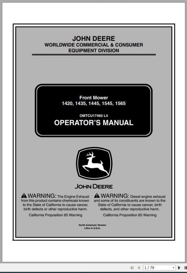 John Deere Front Mower 1420 1435 1445 1545 1565 Operators Manual OMTCU17460 L4 2004 1