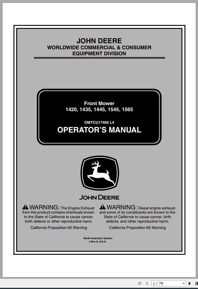 John Deere Front Mower 1420 1435 1445 1545 1565 Operators Manual OMTCU17460 L4 2004 1