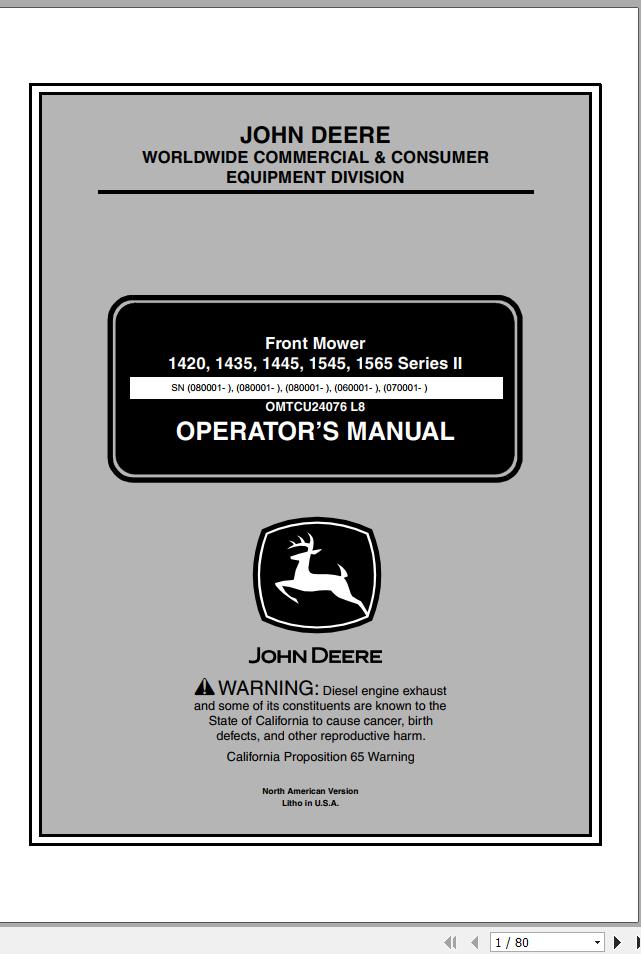 John Deere Front Mower 1420 1435 1445 1545 1565 Series II Operators Manual OMTCU24076 L8 2009 1