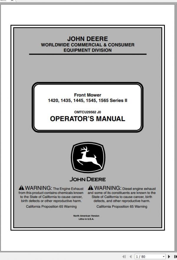 John Deere Front Mower 1420 1435 1445 1545 1565 Series II Operators Manual OMTCU29562 J0 2010 1