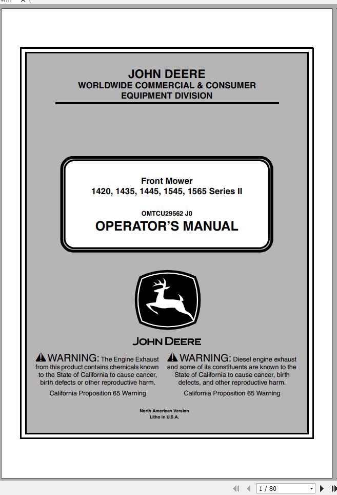 John Deere Front Mower 1420 1435 1445 1545 1565 Series II Operators Manual OMTCU29562 J0 2010 1