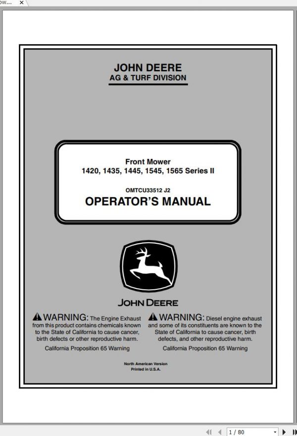 John Deere Front Mower 1420 1435 1445 1545 1565 Series II Operators Manual OMTCU33512 J2 2012 1