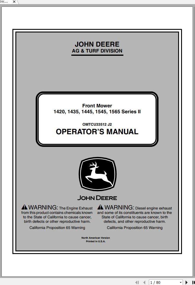 John Deere Front Mower 1420 1435 1445 1545 1565 Series II Operators Manual OMTCU33512 J2 2012 1