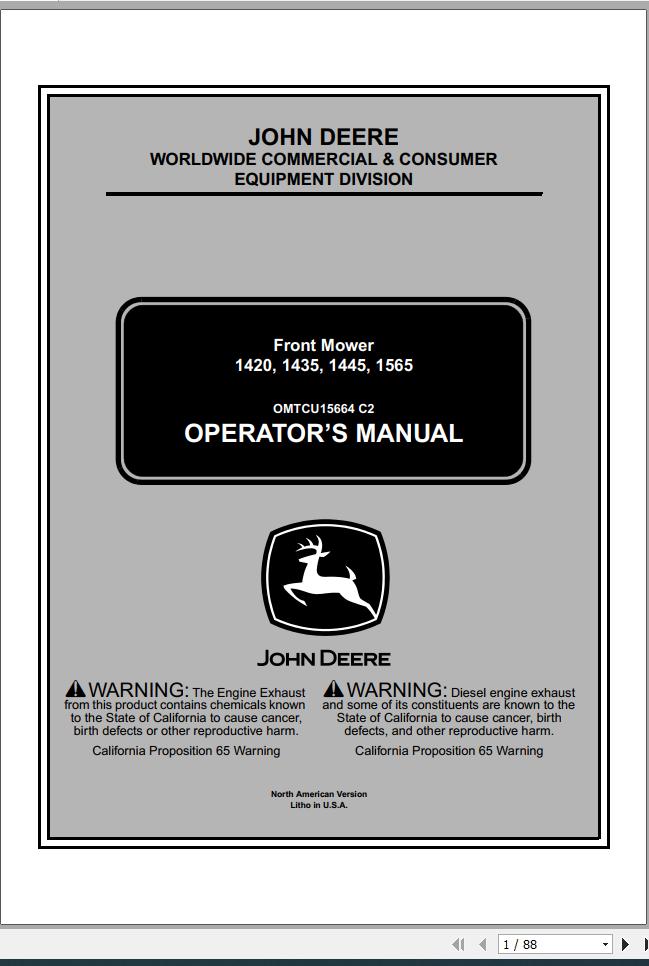 John Deere Front Mower 1420 1435 1445 1565 Operators Manual OMTCU15664 C2 2002 1