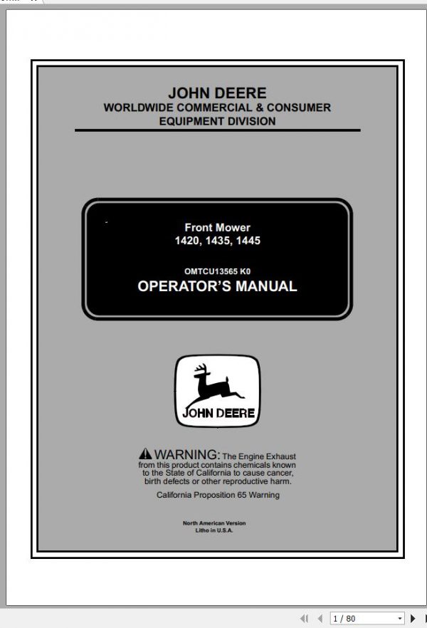 John Deere Front Mower 1420 1435 1445 Operators Manual OMTCU13565 K0 2000 1
