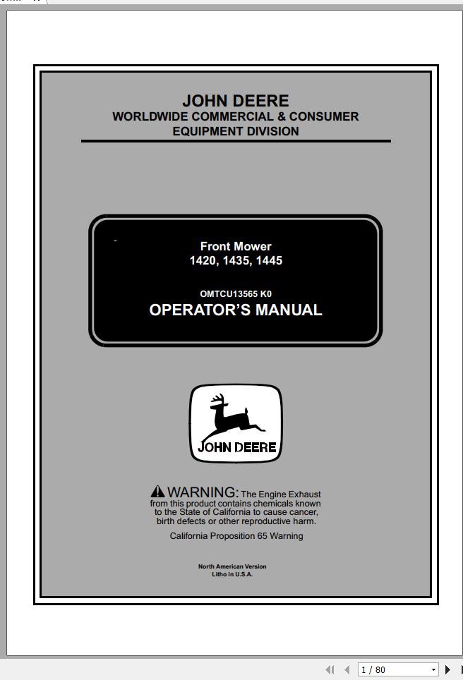 John Deere Front Mower 1420 1435 1445 Operators Manual OMTCU13565 K0 2000 1