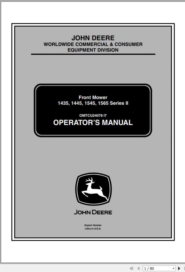 John Deere Front Mower 1435 1445 1545 1565 Series II Operators Manual OMTCU24078 I7 2007 1