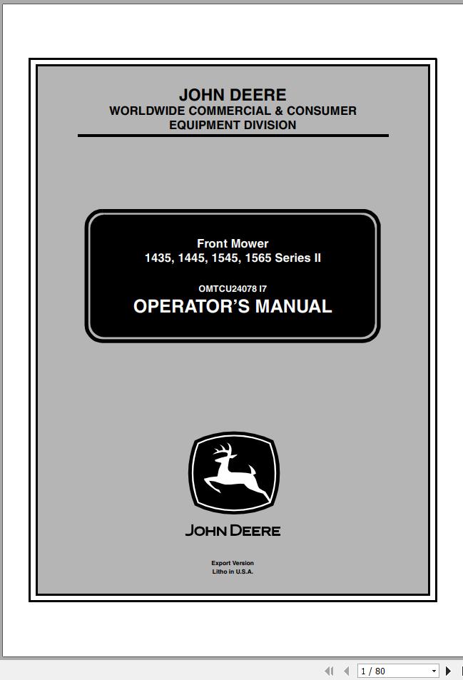 John Deere Front Mower 1435 1445 1545 1565 Series II Operators Manual OMTCU24078 I7 2007 1