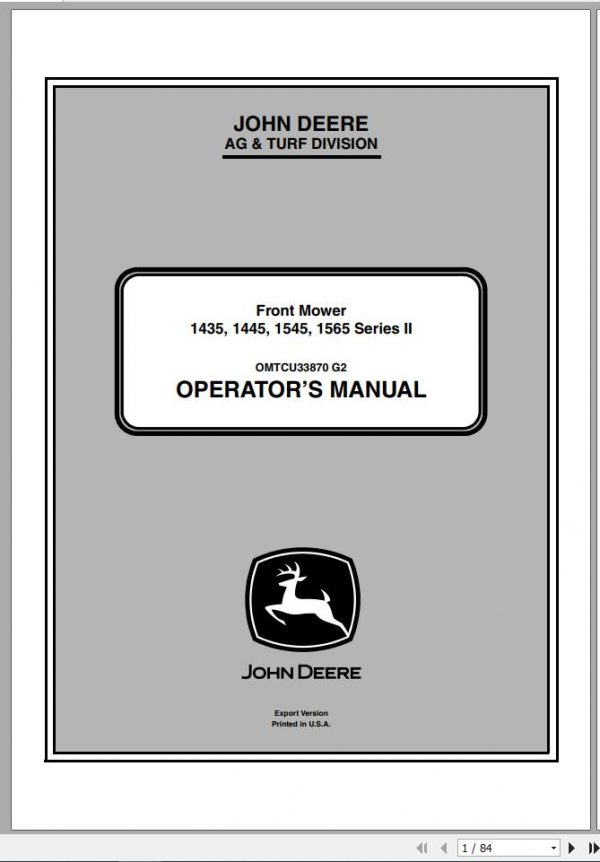 John Deere Front Mower 1435 1445 1545 1565 Series II Operators Manual OMTCU33870 G2 2012 1