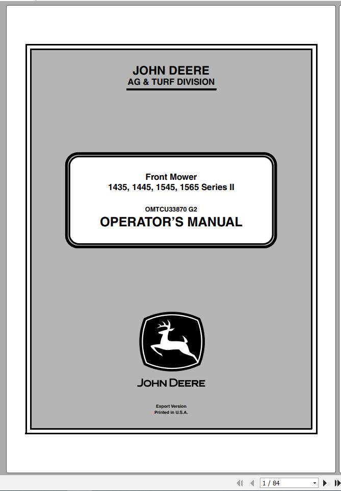 John Deere Front Mower 1435 1445 1545 1565 Series II Operators Manual OMTCU33870 G2 2012 1