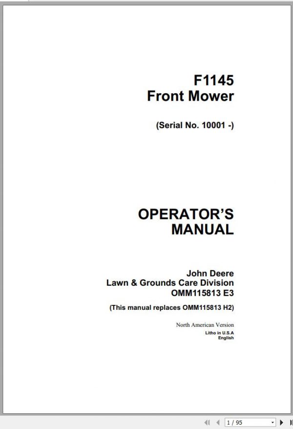 John Deere Front Mower F1145 SN 10001 Operators Manual OMM115813 E3 1