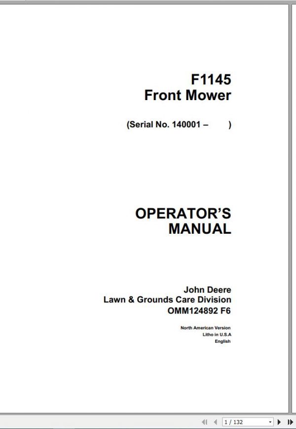 John Deere Front Mower F1145 SN 140001 Operators Manual OMM124892 F6 1