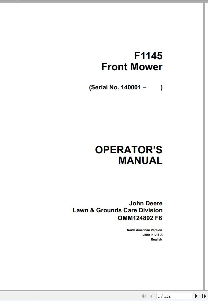 John Deere Front Mower F1145 SN 140001 Operators Manual OMM124892 F6 1