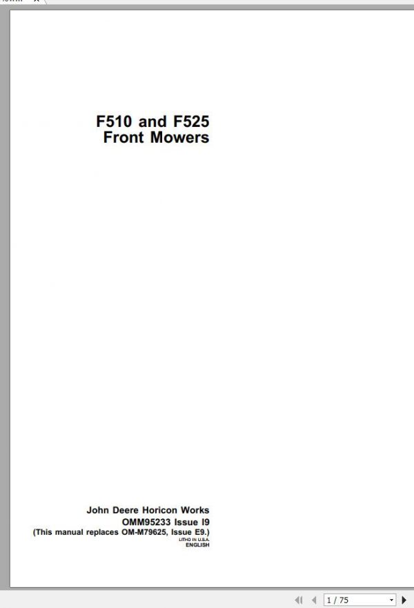 John Deere Front Mower F510 F525 Operators Manual OMM95233 I9 1