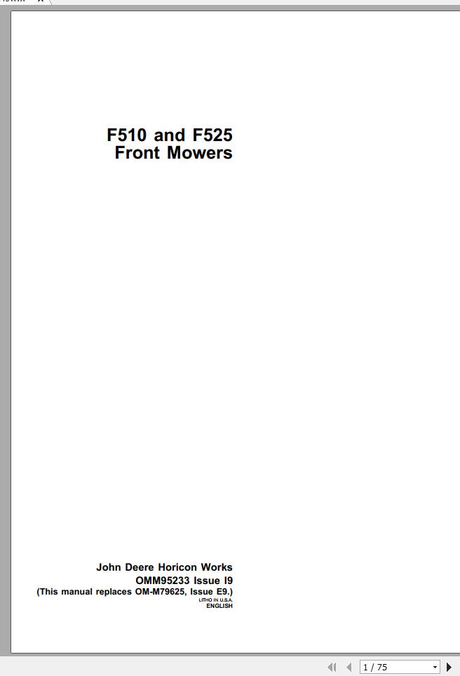 John Deere Front Mower F510 F525 Operators Manual OMM95233 I9 1