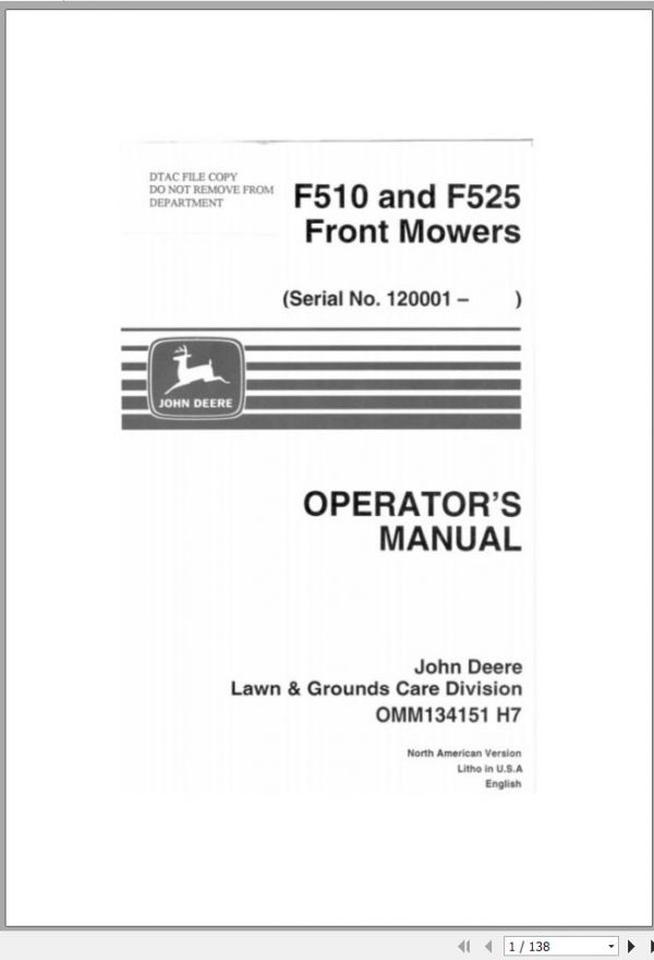 John Deere Front Mower F510 F525 SN 120001 Operators Manual OMM134151 H7 1
