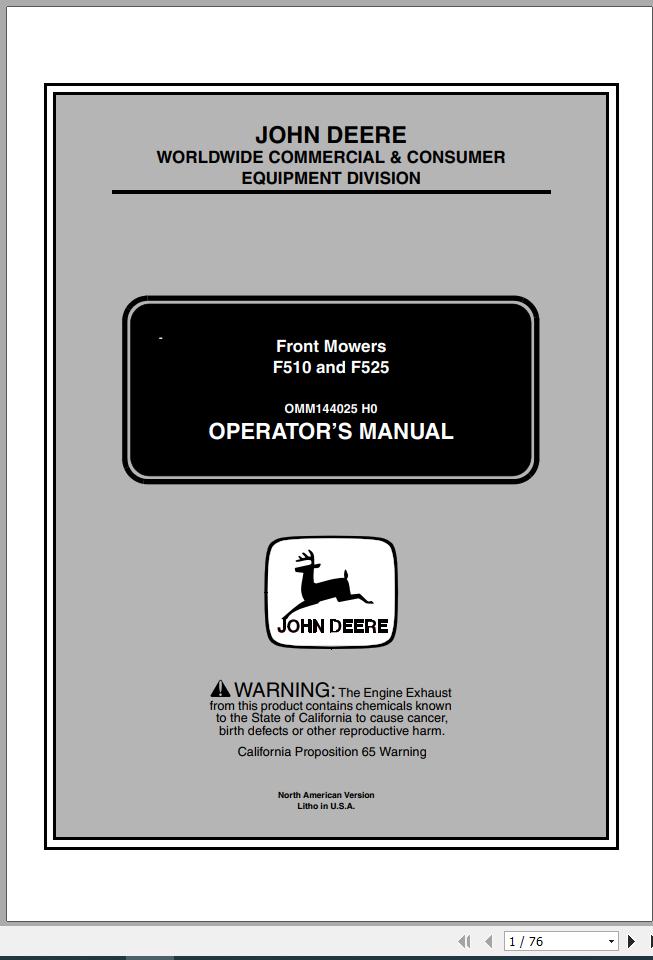 John Deere Front Mower F510 F525 SN 120001 Operators Manual OMM144025 H0 2000 1