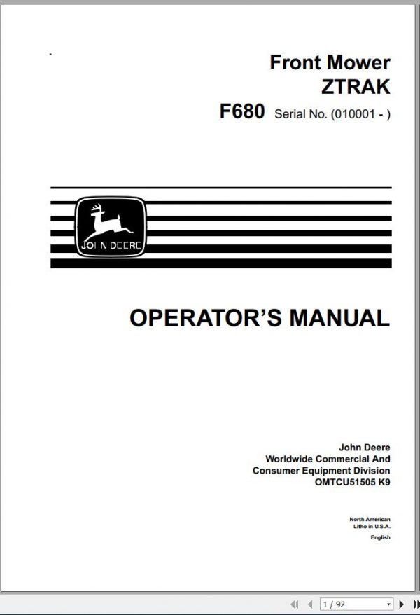John Deere Front Mower F680 SN 010001 Operators Manual OMTCU51505 K9 1
