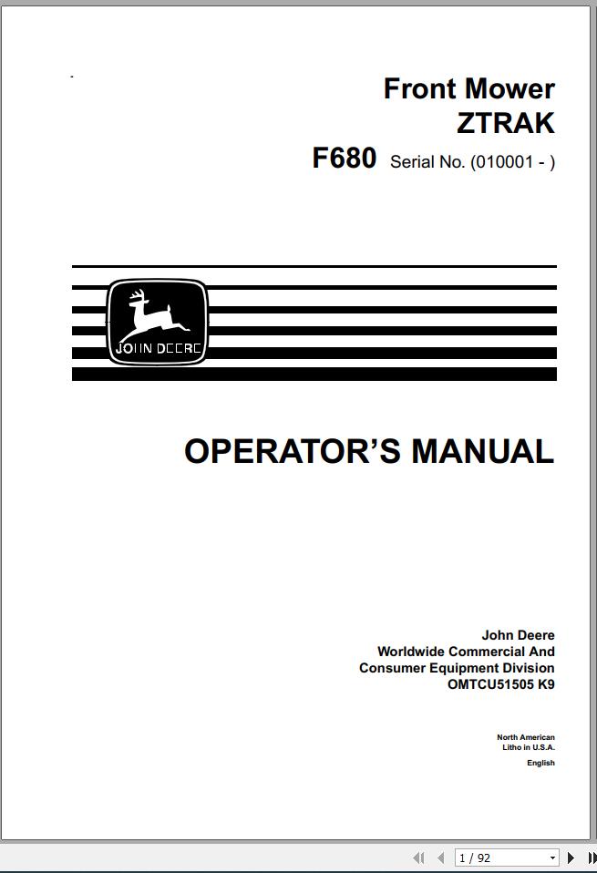 John Deere Front Mower F680 SN 010001 Operators Manual OMTCU51505 K9 1