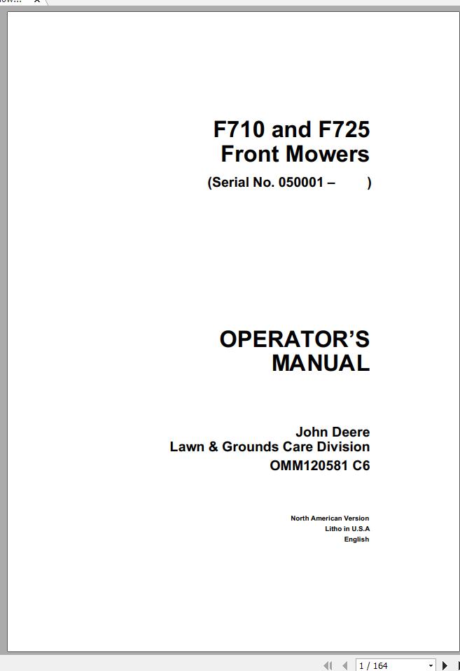 John Deere Front Mower F710 F725 SN 050001 Operators Manual OMM120581 C6 1