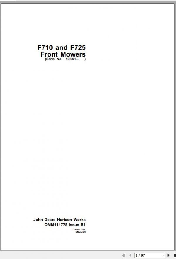 John Deere Front Mower F710 F725 SN 10001 Operators Manual OMM111778 B1 1