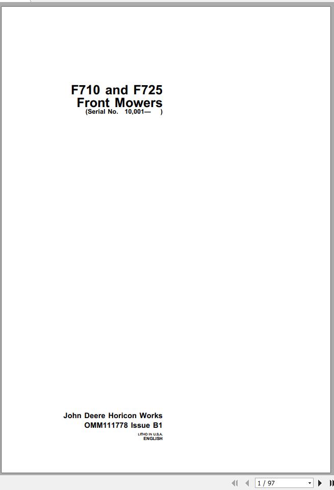 John Deere Front Mower F710 F725 SN 10001 Operators Manual OMM111778 B1 1