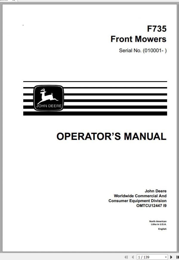 John Deere Front Mower F735 SN 010001 Operators Manual OMTCU12447 I9 1