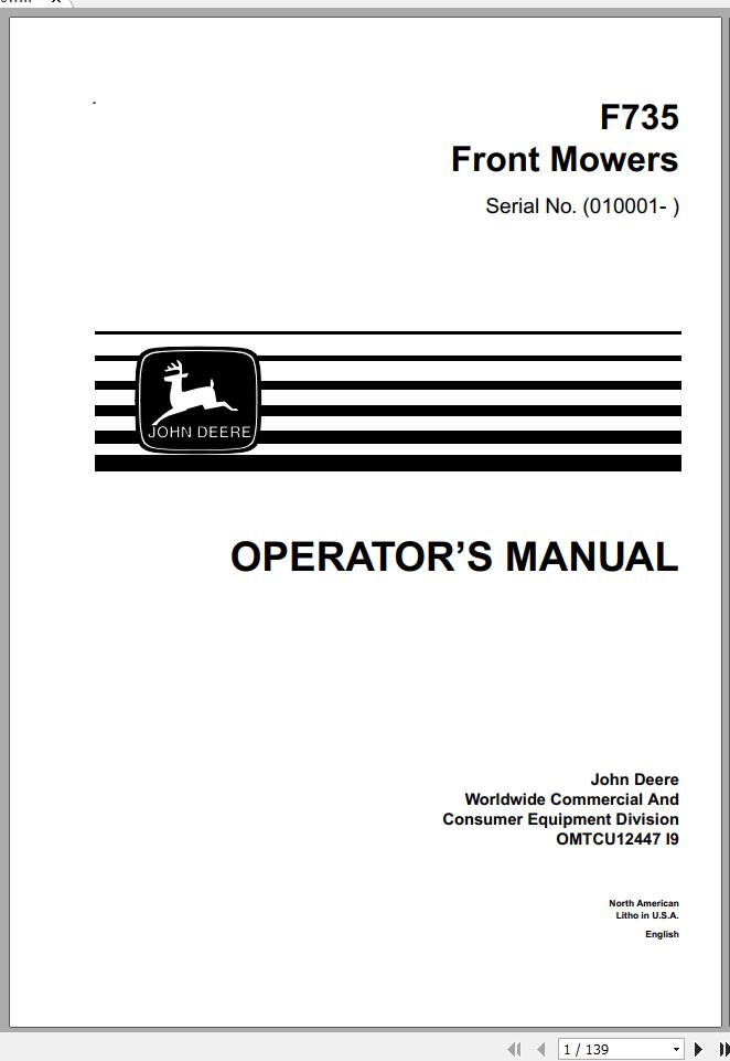 John Deere Front Mower F735 SN 010001 Operators Manual OMTCU12447 I9 1
