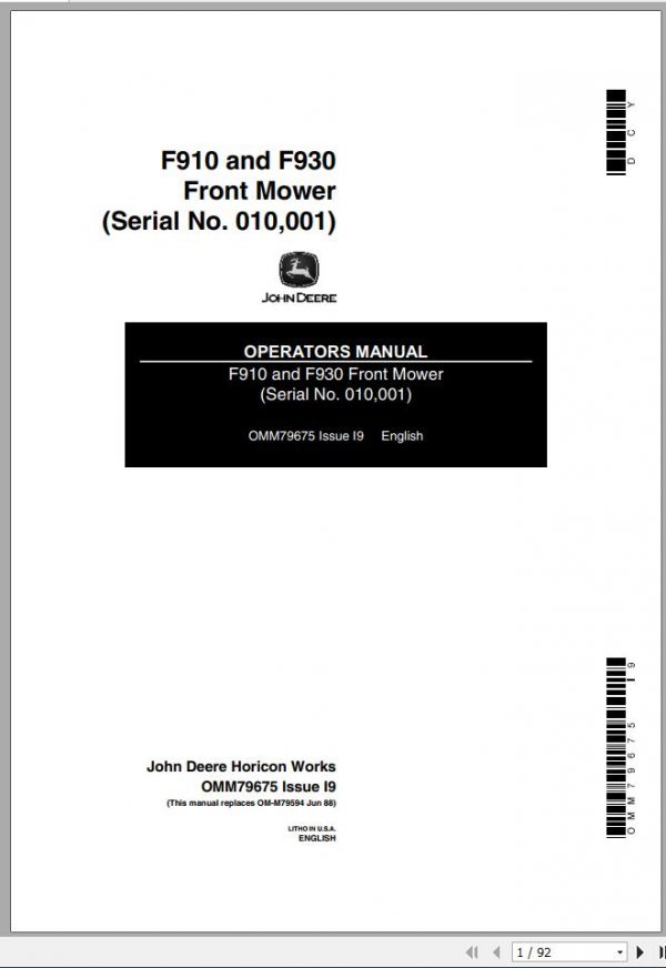 John Deere Front Mower F910 F930 SN 010001 Operators Manual OMM79675 I9 1