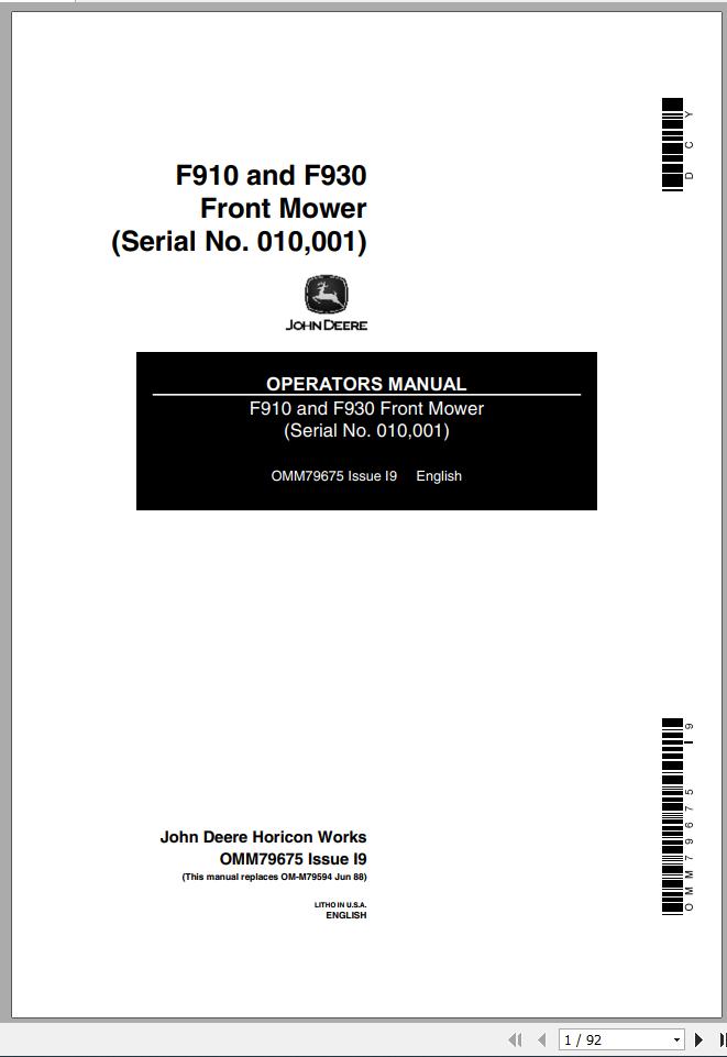 John Deere Front Mower F910 F930 SN 010001 Operators Manual OMM79675 I9 1