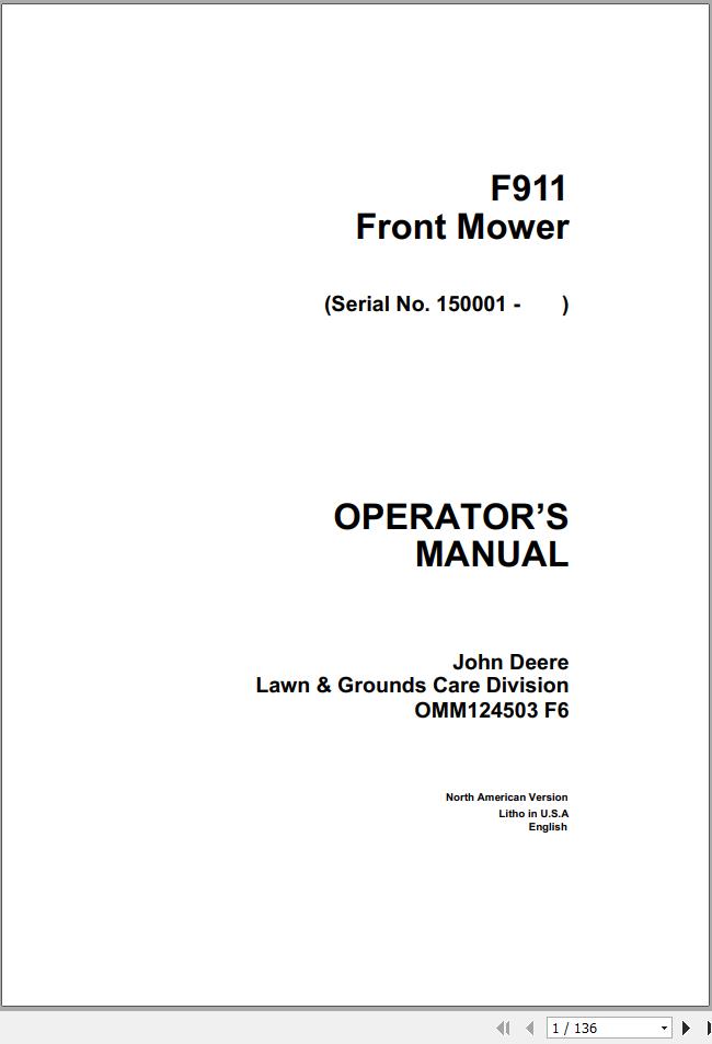 John Deere Front Mower F911 SN 150001 Operators Manual OMM124503 F6 1